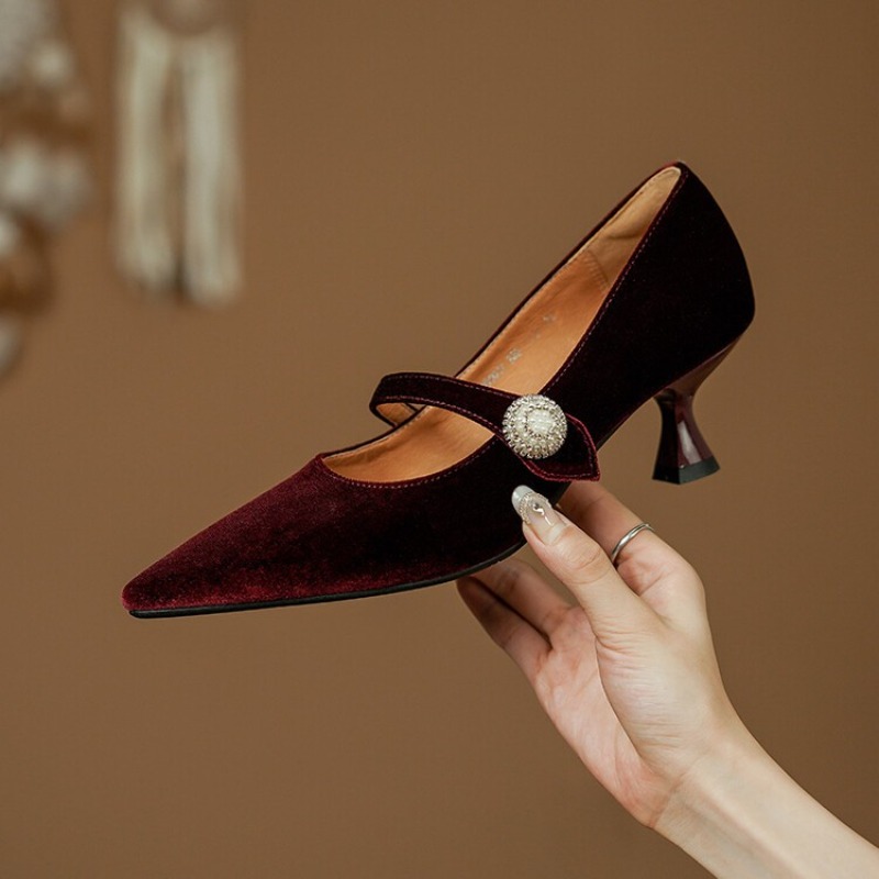 Wine Red Pointed Toe Mary Jane - Women Shoes With Heels ulasan dan harga