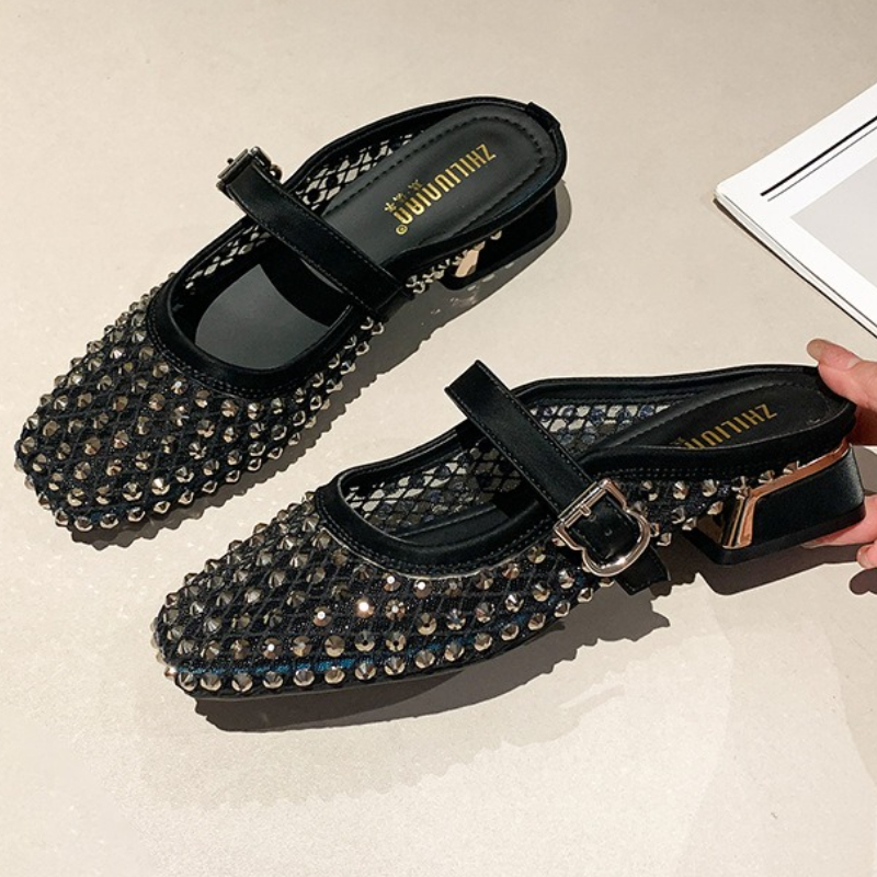 Mesh Rhinestone Chunky Heel Mu - Women Shoes Sandals ulasan dan harga
