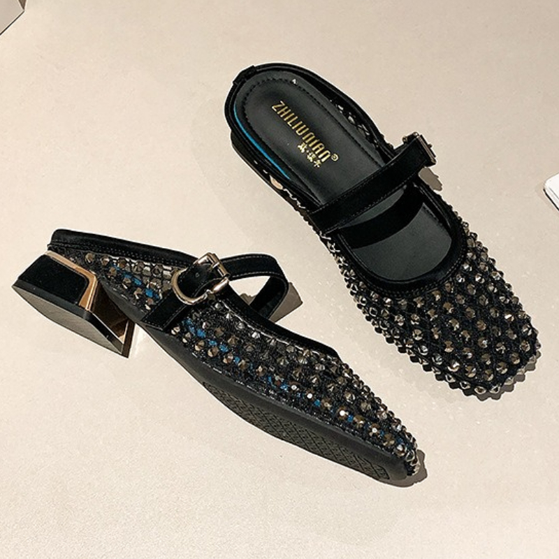 Mesh Rhinestone Chunky Heel Mu - Women Shoes Sandals ulasan dan harga